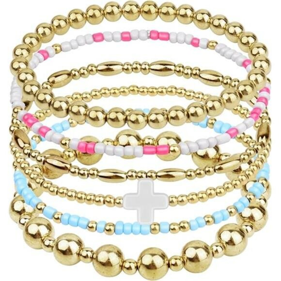 Gold beaded bracelet set 14k plated dainty cross stack stretch layered jewelry g - Picture 7 of 7